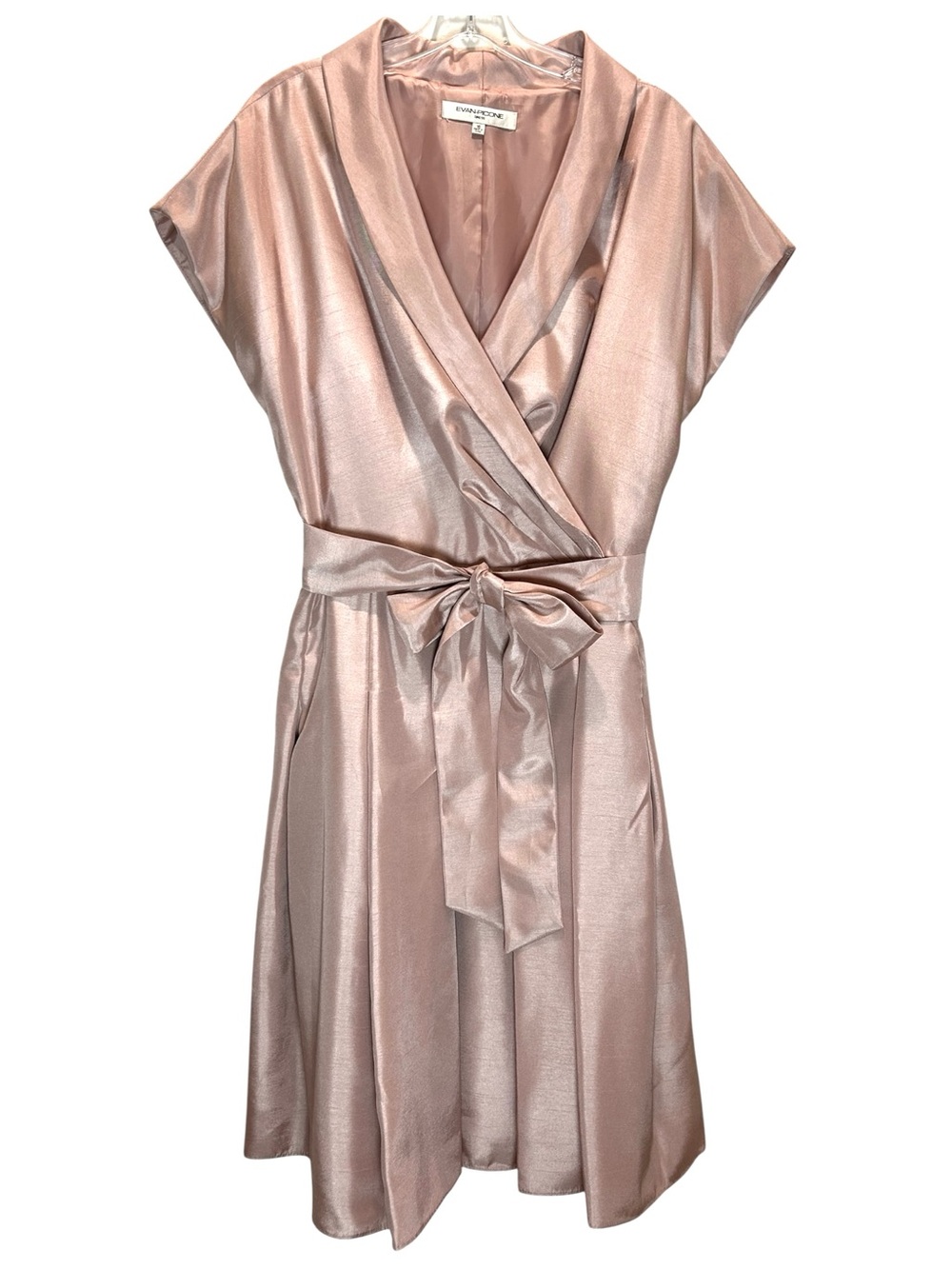 VTG Evan Picone Blush Satin Taffeta Midi Dress w/ Wrap Style Bodice - Size 16